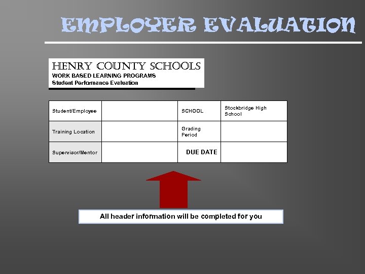 EMPLOYER EVALUATION henry county schools WORK BASED LEARNING PROGRAMS Student Performance Evaluation Student/Employee SCHOOL