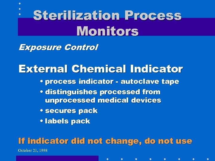 Sterilization Process Monitors Exposure Control External Chemical Indicator • process indicator - autoclave tape