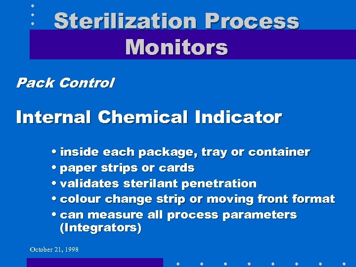 Sterilization Process Monitors Pack Control Internal Chemical Indicator • inside each package, tray or