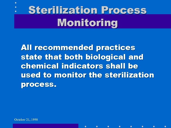 Sterilization Process Monitoring All recommended practices state that both biological and chemical indicators shall