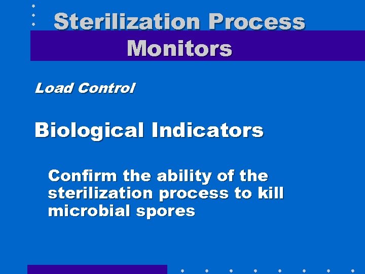 Sterilization Process Monitors Load Control Biological Indicators Confirm the ability of the sterilization process