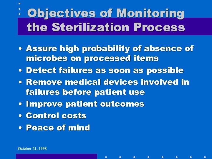 Objectives of Monitoring the Sterilization Process • Assure high probability of absence of microbes