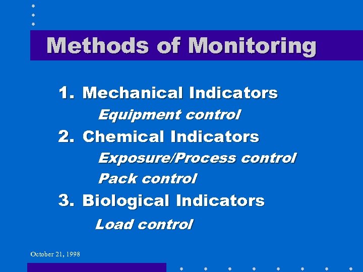 Methods of Monitoring 1. Mechanical Indicators Equipment control 2. Chemical Indicators Exposure/Process control Pack