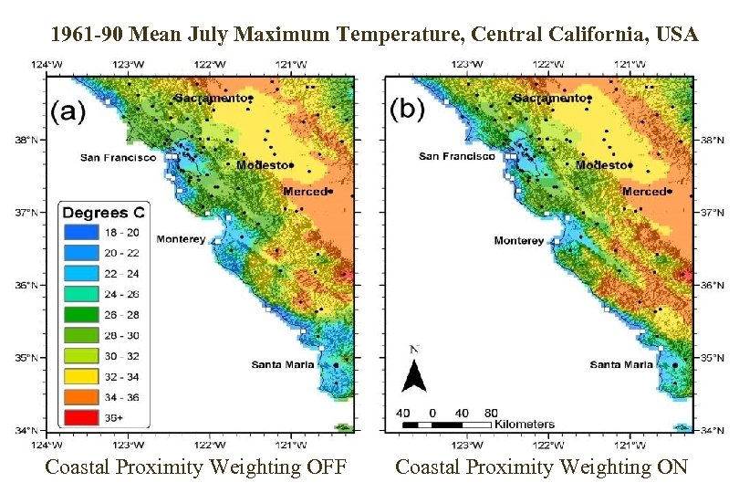 1961 -90 Mean July Maximum Temperature, Central California, USA Coastal Proximity Weighting OFF Coastal