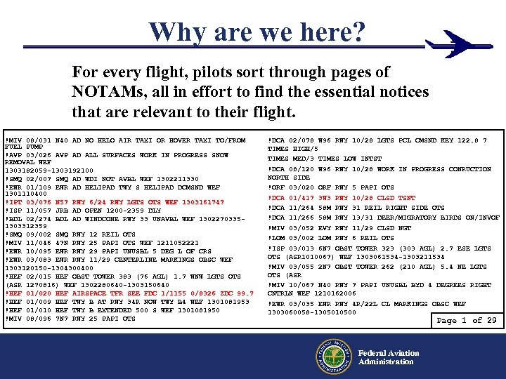Why are we here? For every flight, pilots sort through pages of NOTAMs, all