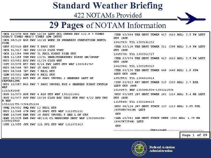 Standard Weather Briefing 422 NOTAMs Provided 29 Pages of NOTAM Information !DCA 02/078 W
