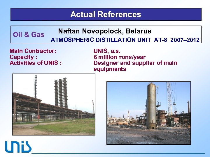 Actual References Oil & Gas Naftan Novopolock, Belarus ATMOSPHERIC DISTILLATION UNIT AT-8 2007– 2012