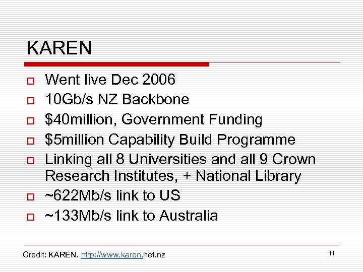 KAREN o o o o Went live Dec 2006 10 Gb/s NZ Backbone $40