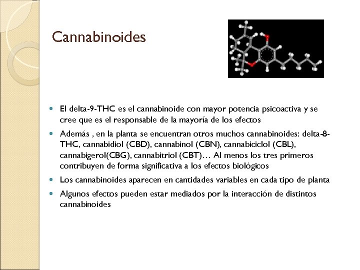 Cannabinoides El delta-9 -THC es el cannabinoide con mayor potencia psicoactiva y se cree