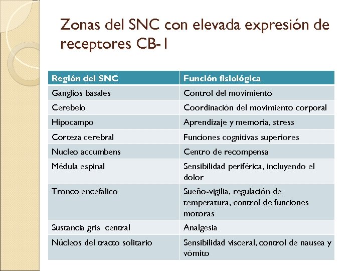 Zonas del SNC con elevada expresión de receptores CB-1 Región del SNC Función fisiológica