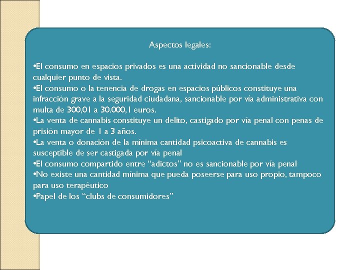 Aspectos legales: • El consumo en espacios privados es una actividad no sancionable desde