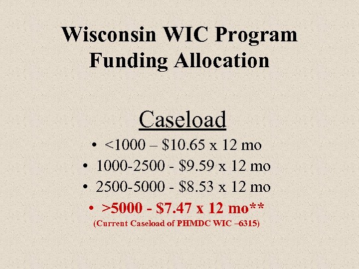 Wisconsin WIC Program Funding Allocation Caseload • <1000 – $10. 65 x 12 mo