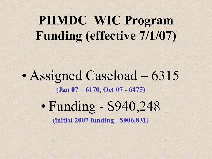 PHMDC WIC Program Funding (effective 7/1/07) • Assigned Caseload – 6315 (Jan 07 –