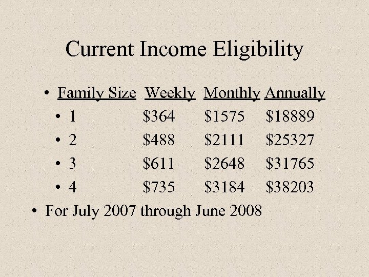 Current Income Eligibility • Family Size Weekly Monthly Annually • 1 $364 $1575 $18889