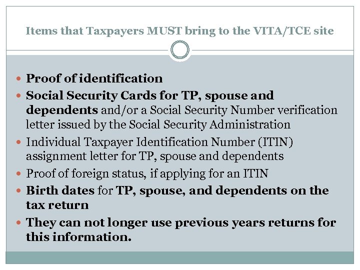 Items that Taxpayers MUST bring to the VITA/TCE site Proof of identification Social Security