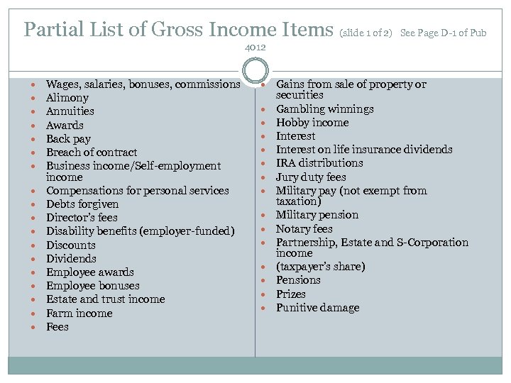 Partial List of Gross Income Items (slide 1 of 2) See Page D-1 of