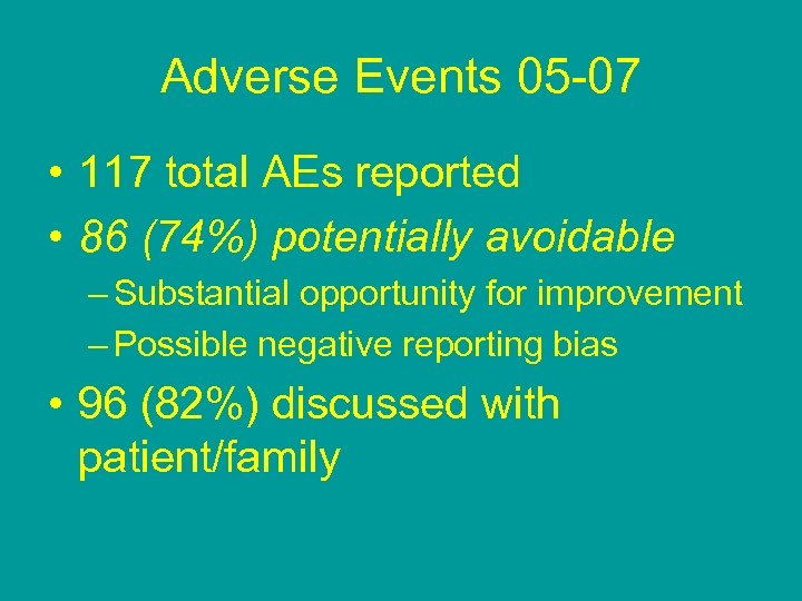 Adverse Events 05 -07 • 117 total AEs reported • 86 (74%) potentially avoidable
