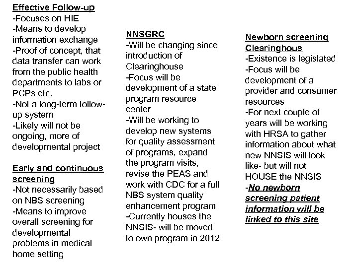 Effective Follow-up -Focuses on HIE -Means to develop information exchange -Proof of concept, that