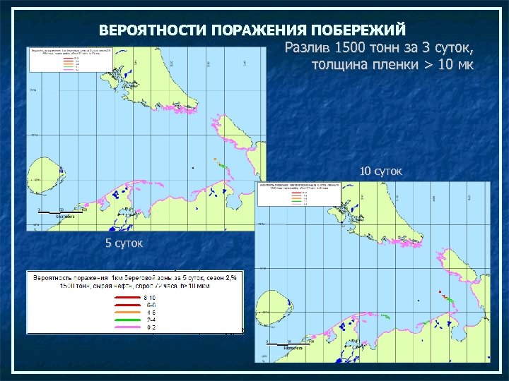 ВЕРОЯТНОСТИ ПОРАЖЕНИЯ ПОБЕРЕЖИЙ Разлив 1500 тонн за 3 суток, толщина пленки > 10 мк