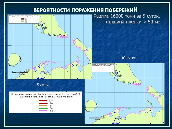 ВЕРОЯТНОСТИ ПОРАЖЕНИЯ ПОБЕРЕЖИЙ Разлив 16000 тонн за 5 суток, толщина пленки > 50 мк