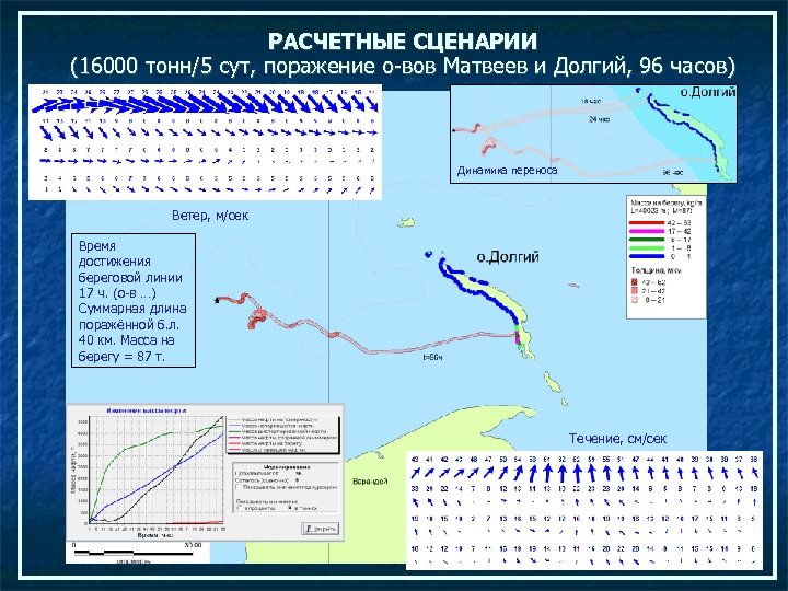 РАСЧЕТНЫЕ СЦЕНАРИИ (16000 тонн/5 сут, поражение о-вов Матвеев и Долгий, 96 часов) Динамика переноса