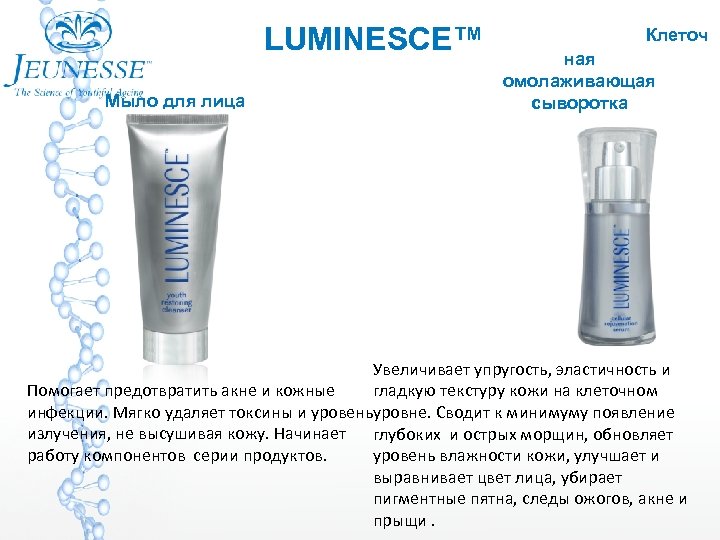 LUMINESCE™ Мыло для лица Клеточ ная омолаживающая сыворотка Увеличивает упругость, эластичность и Помогает предотвратить