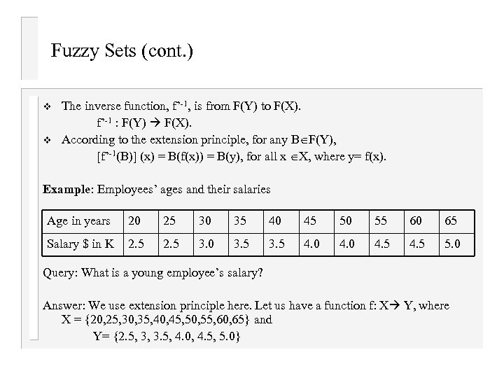 Fuzzy Sets (cont. ) v v The inverse function, f’-1, is from F(Y) to