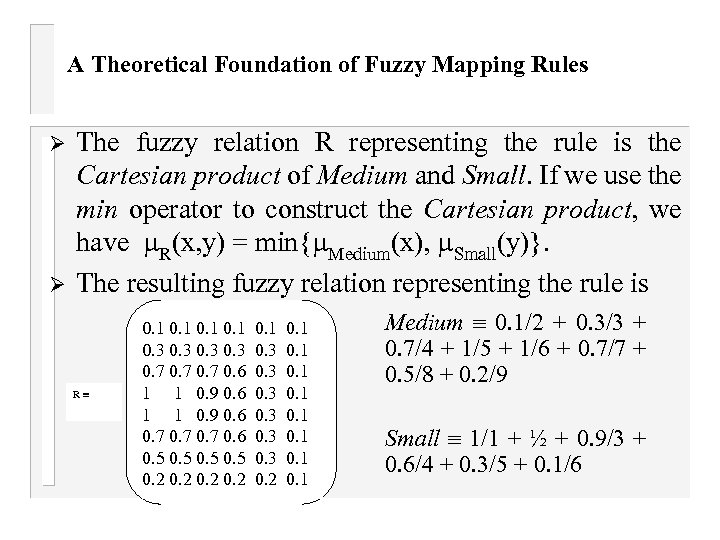 A Theoretical Foundation of Fuzzy Mapping Rules Ø Ø The fuzzy relation R representing