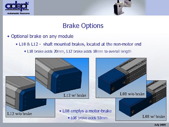 Automatic Success Brake Options • Optional brake on any module • L 18 &