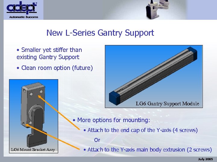 Automatic Success New L-Series Gantry Support • Smaller yet stiffer than existing Gantry Support