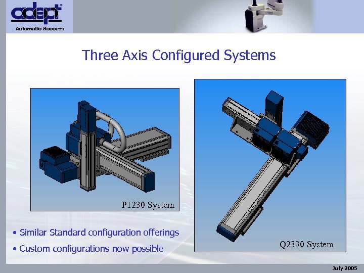 Automatic Success Three Axis Configured Systems P 1230 System • Similar Standard configuration offerings