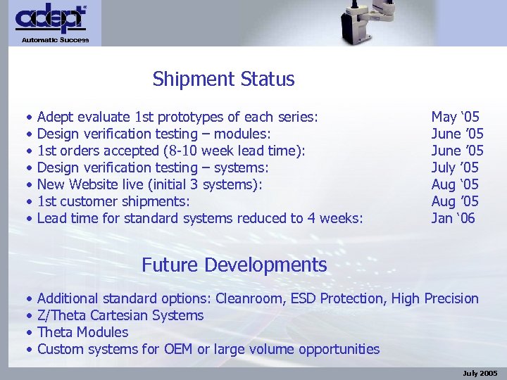 Automatic Success Shipment Status • • Adept evaluate 1 st prototypes of each series: