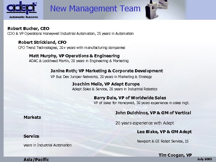 New Management Team Automatic Success Robert Bucher, CEO COO & VP Operations Honeywell Industrial