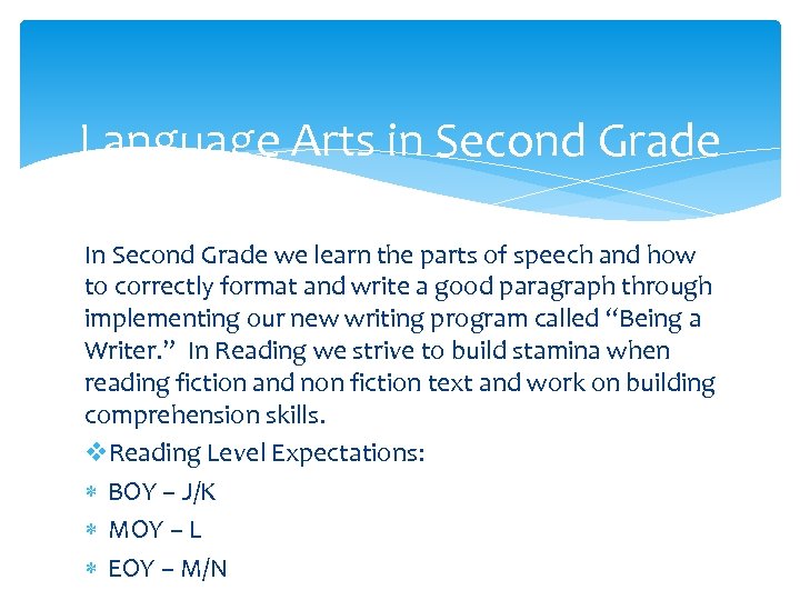 Language Arts in Second Grade In Second Grade we learn the parts of speech