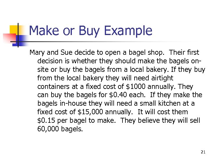 Make or Buy Example Mary and Sue decide to open a bagel shop. Their