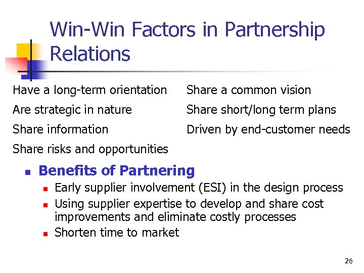 Win-Win Factors in Partnership Relations Have a long-term orientation Share a common vision Are