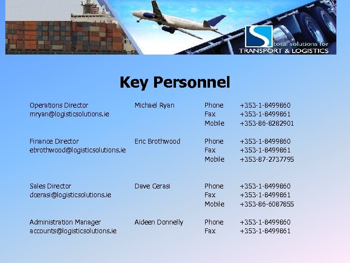 LSI Key Personnel Operations Director mryan@logisticsolutions. ie Michael Ryan Phone Fax Mobile +353 -1