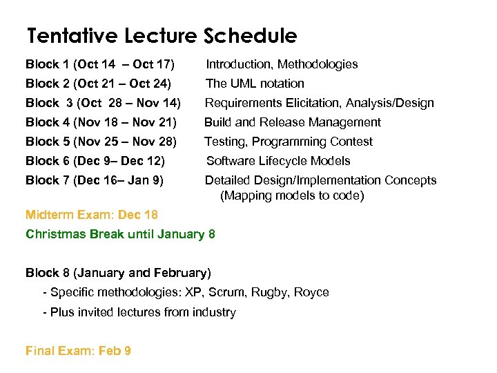 Tentative Lecture Schedule Block 1 (Oct 14 – Oct 17) Introduction, Methodologies Block 2