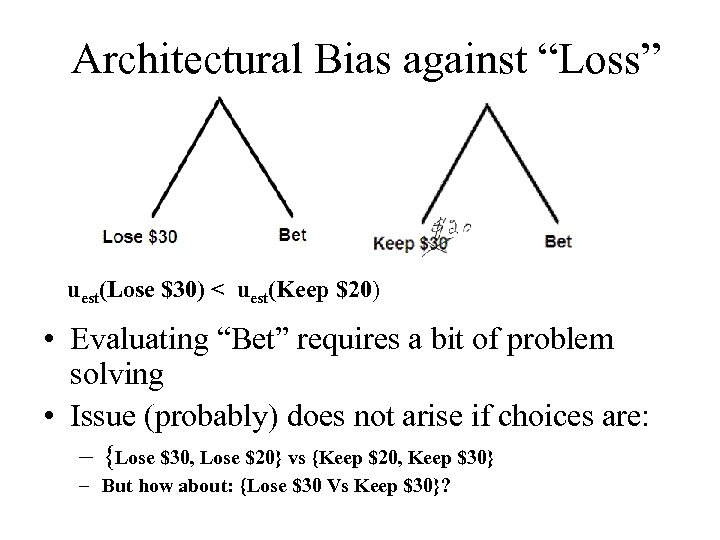 Architectural Bias against “Loss” uest(Lose $30) < uest(Keep $20) • Evaluating “Bet” requires a