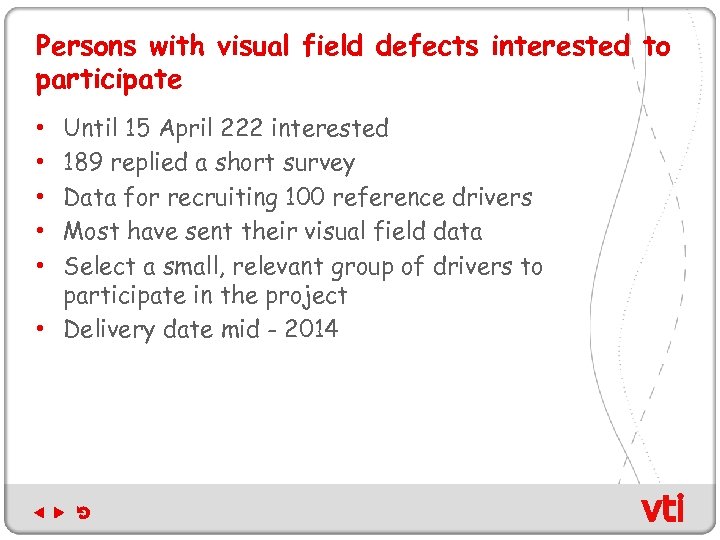 Persons with visual field defects interested to participate Until 15 April 222 interested 189