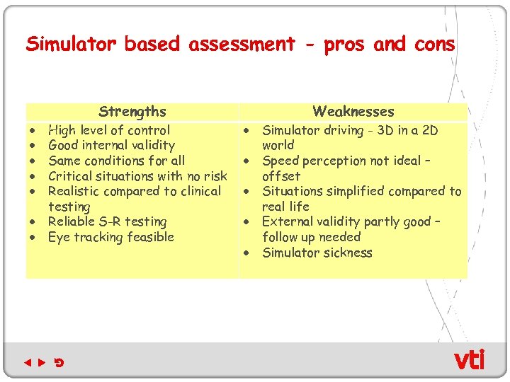 Simulator based assessment - pros and cons Strengths High level of control Good internal