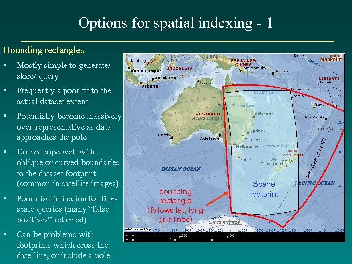 Options for spatial indexing - 1 Bounding rectangles • Mostly simple to generate/ store/