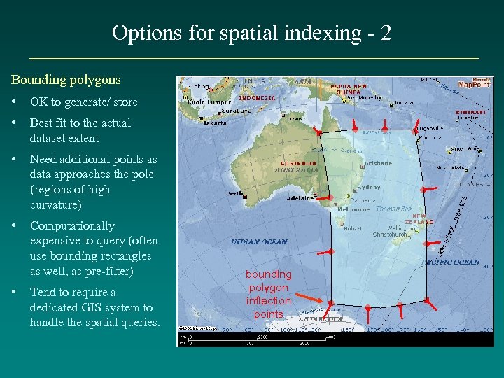 Options for spatial indexing - 2 Bounding polygons • OK to generate/ store •