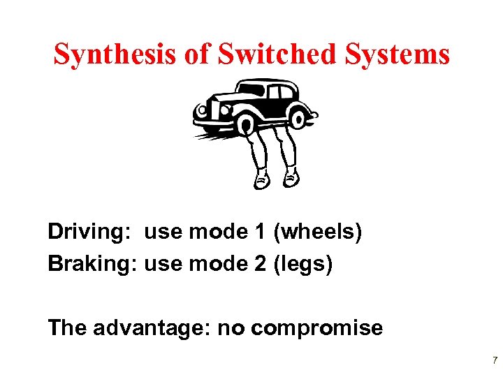 Synthesis of Switched Systems Driving: use mode 1 (wheels) Braking: use mode 2 (legs)