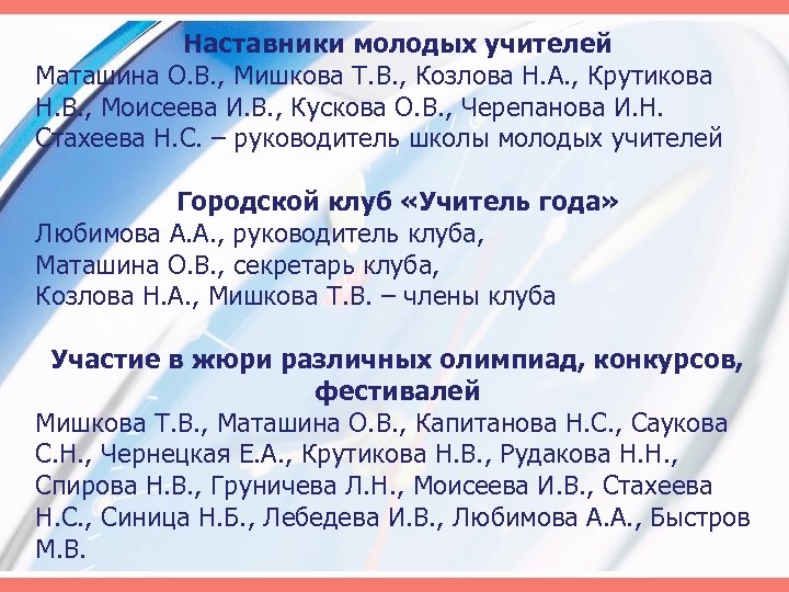 Наставники молодых учителей Маташина О. В. , Мишкова Т. В. , Козлова Н. А.