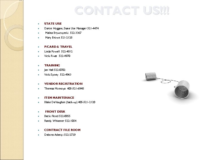CONTACT US!!! STATE USE Daron Hoggatt, State Use Manager 521 -4474 Malina Brywczynski 522