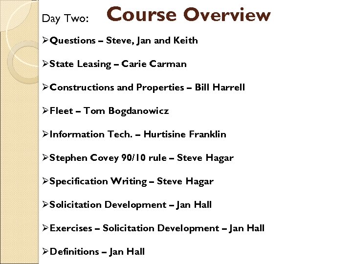 Day Two: Course Overview ØQuestions – Steve, Jan and Keith ØState Leasing – Carie