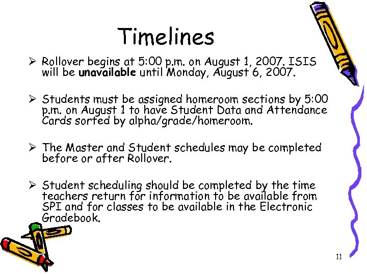 Timelines Ø Rollover begins at 5: 00 p. m. on August 1, 2007. ISIS