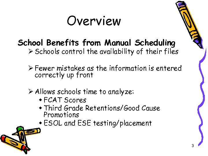 Overview School Benefits from Manual Scheduling Ø Schools control the availability of their files