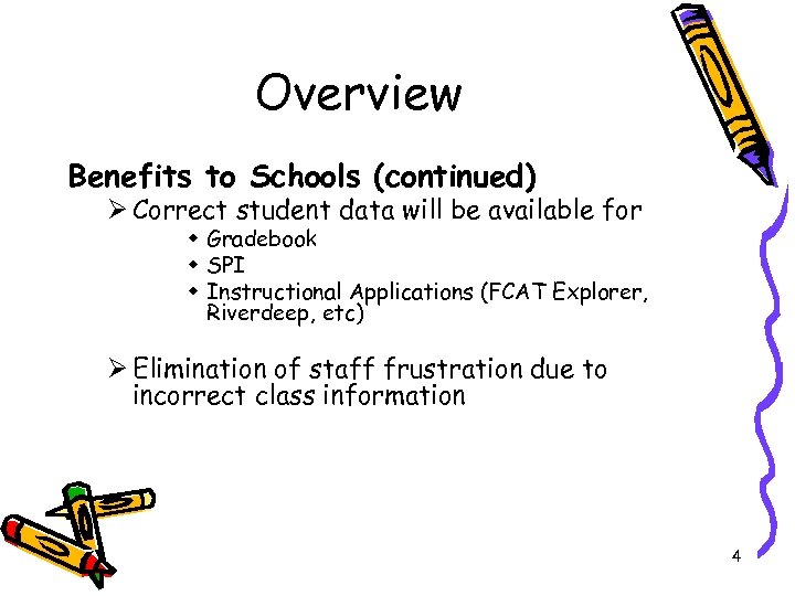 Overview Benefits to Schools (continued) Ø Correct student data will be available for w